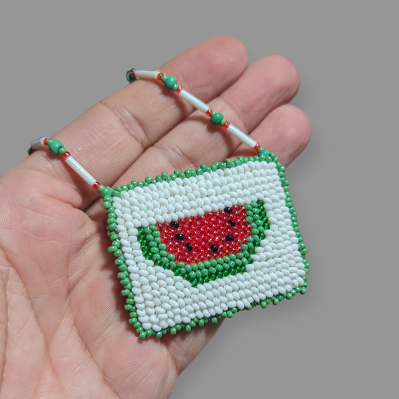 Watermelon Tack Beaded Banner Medallion Necklace